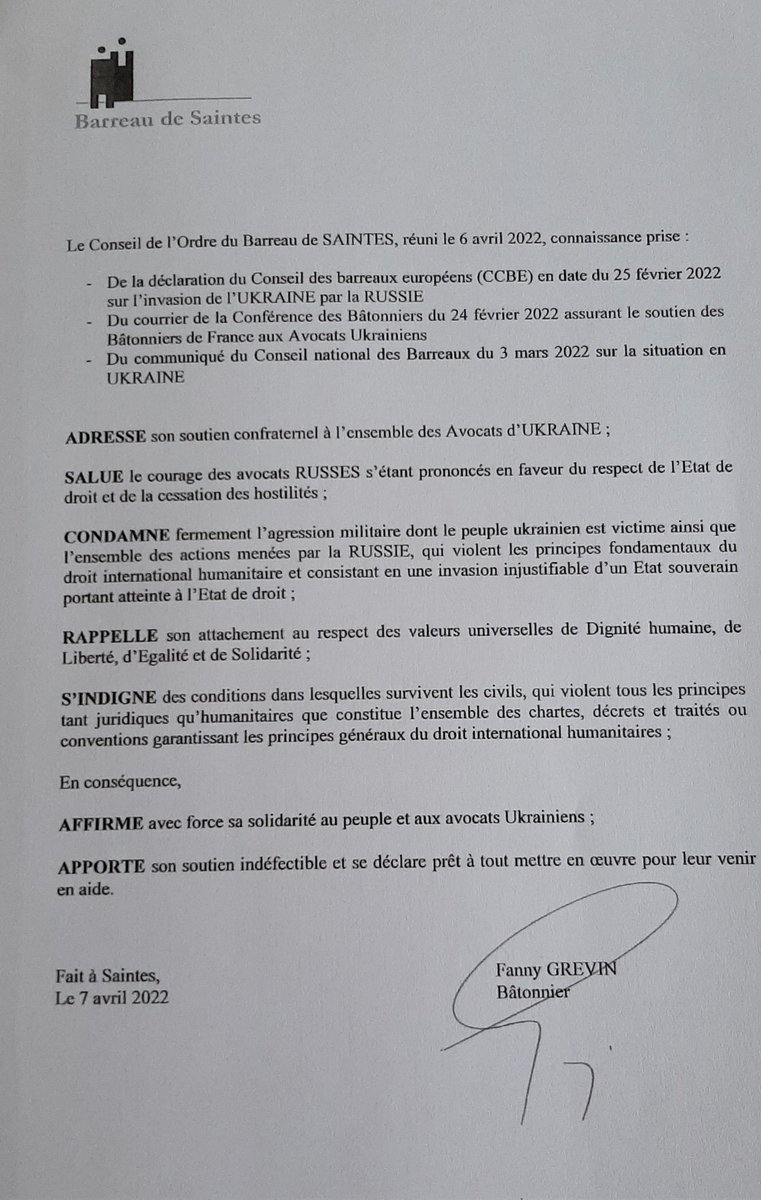Le barreau de Saintes a adopté une motion de soutien aux avocats ukrainiens, ainsi qu'au peuple ukrainien.
<a href="/Conf_Batonniers/">ConférenceBâtonniers</a> <a href="/CNBarreaux/">Conseil national des barreaux - les avocats</a>
