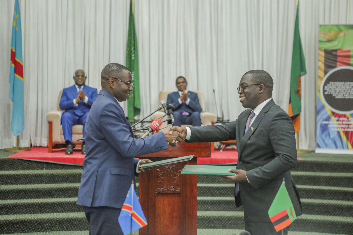 HHichilema's tweet photo. #ZAMBIA &amp; #DRC signed a historic Cooperation Agreement, ushering in:-
✅ Value chains in #EV &amp;   
      #CleanEnergy sectors                      
✅ Economic diversification 
✅ Social transformation 
✅ Job creation

We’re securing livelihoods of our people.🇿🇲 🇨🇩
#NombaTubombe https://t.co/gSOjL1qyKS