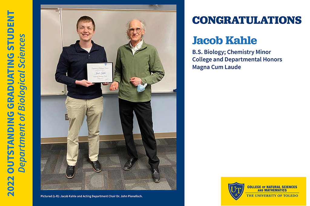 In this week leading up to <a href="/UToledo/">The University of Toledo</a> graduation we are honoring our 5 departmental Outstanding Graduating Students! Today we are recognizing Jacob Kahle, Biological Sciences, for this achievement! Hear from Jacob about his time at #UToledo22 #UToledoNSM - youtu.be/w151dz3nHns