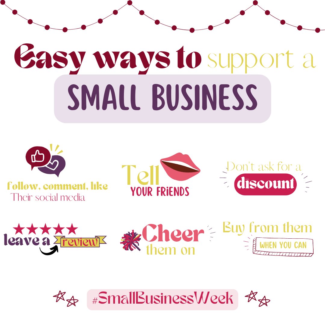 Hello everyone! Join us this week as we celebrate #smallbusinessweek and all of the wonderful small business owners within your community :) Here are some simple and effective ways to support small business owners not only for this week but every single day 🎉