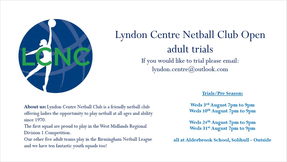 If you have moved into the Solihull area and are looking for a netball club to join or thinking of getting back into netball give us a try. Adult trials in August for the 2022/2023 season.