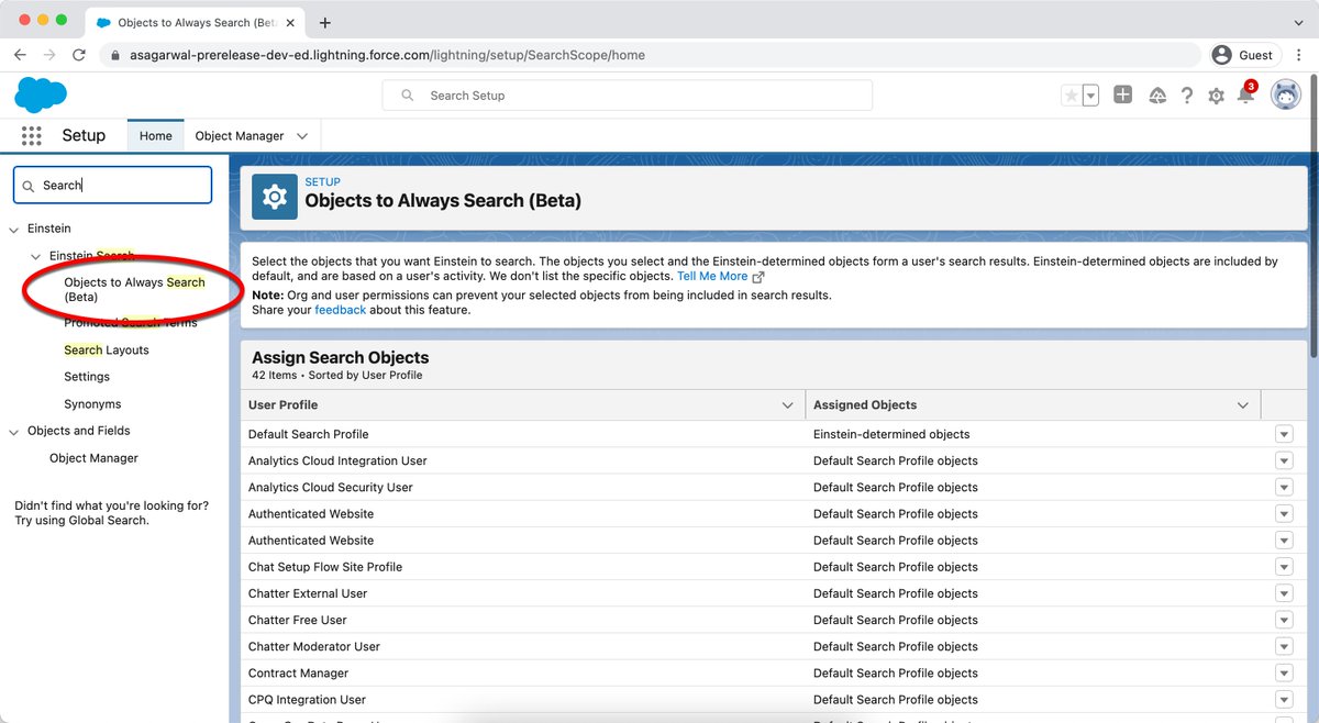 asagarwal's tweet photo. #SalesforceSpring22 In Setup, the Search Results Objects page is now titled Objects to Always Search. The new title clarifies that Einstein Search always looks at the objects that you choose. https://t.co/QNdOvgNZDZ https://t.co/Qjk6zgtfNy