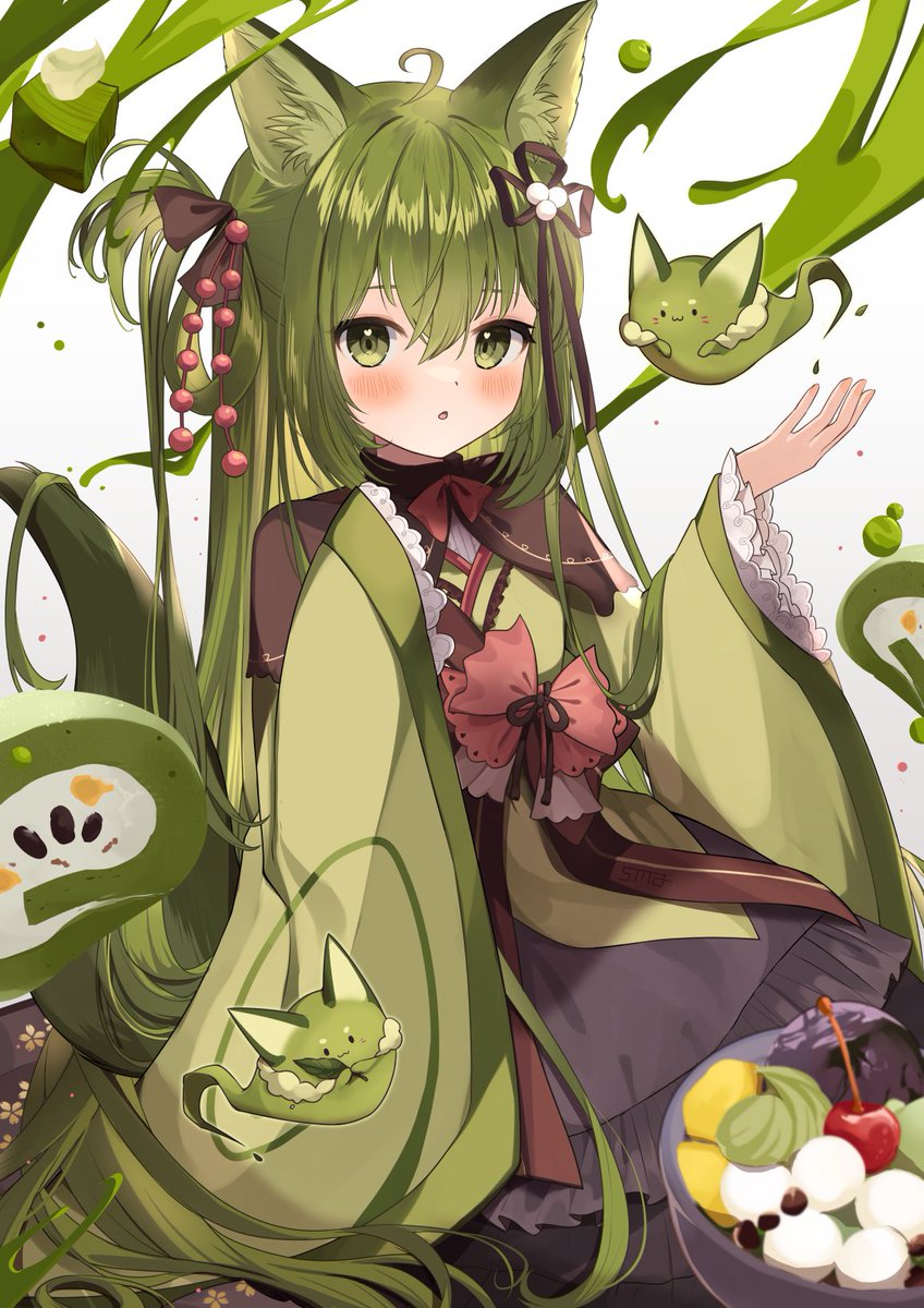 1girl green hair animal ears green eyes long hair japanese clothes solo  illustration images