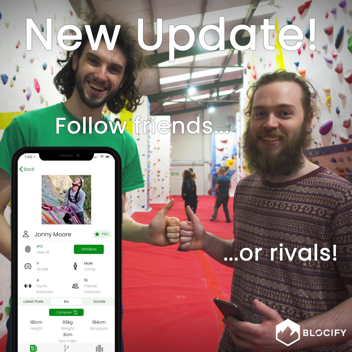 BlocifyApp's tweet photo. Follow friends has landed 🧑‍🤝‍🧑!

🔍 Search for your friends,
📥 Get updates when they climb, 
👀 View their profile and 
⚖️ Compare it to your own
This is just the start, we plan to add more in but if you have any ideas on other fields to add give us a message!

The Blocify Boys https://t.co/I6c4XXFyUG