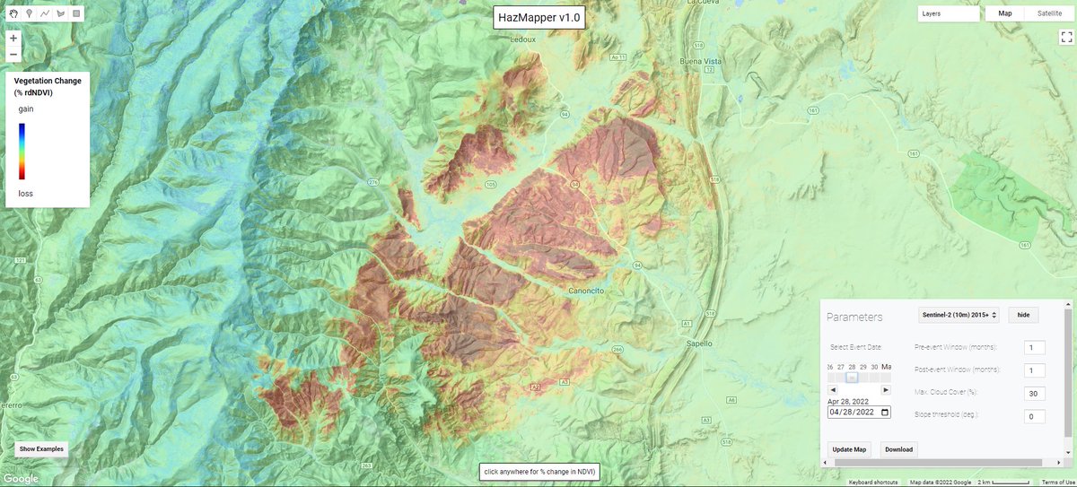 Another large fire in New Mexico, this time the 100,000+ acre combined #CalfCanyonFire and #HermitsPeakFire, seen here as of April 28th #rdNDVI vegetation change map (reds = veg loss due to fire). Explore in <a href="/HazMapper/">HazMapper</a> at direct URL: cmscheip.users.earthengine.app/view/hazmapper…; <a href="/inciweb/">InciWeb</a> <a href="/SantafeNF/">Santa Fe National Forest</a>