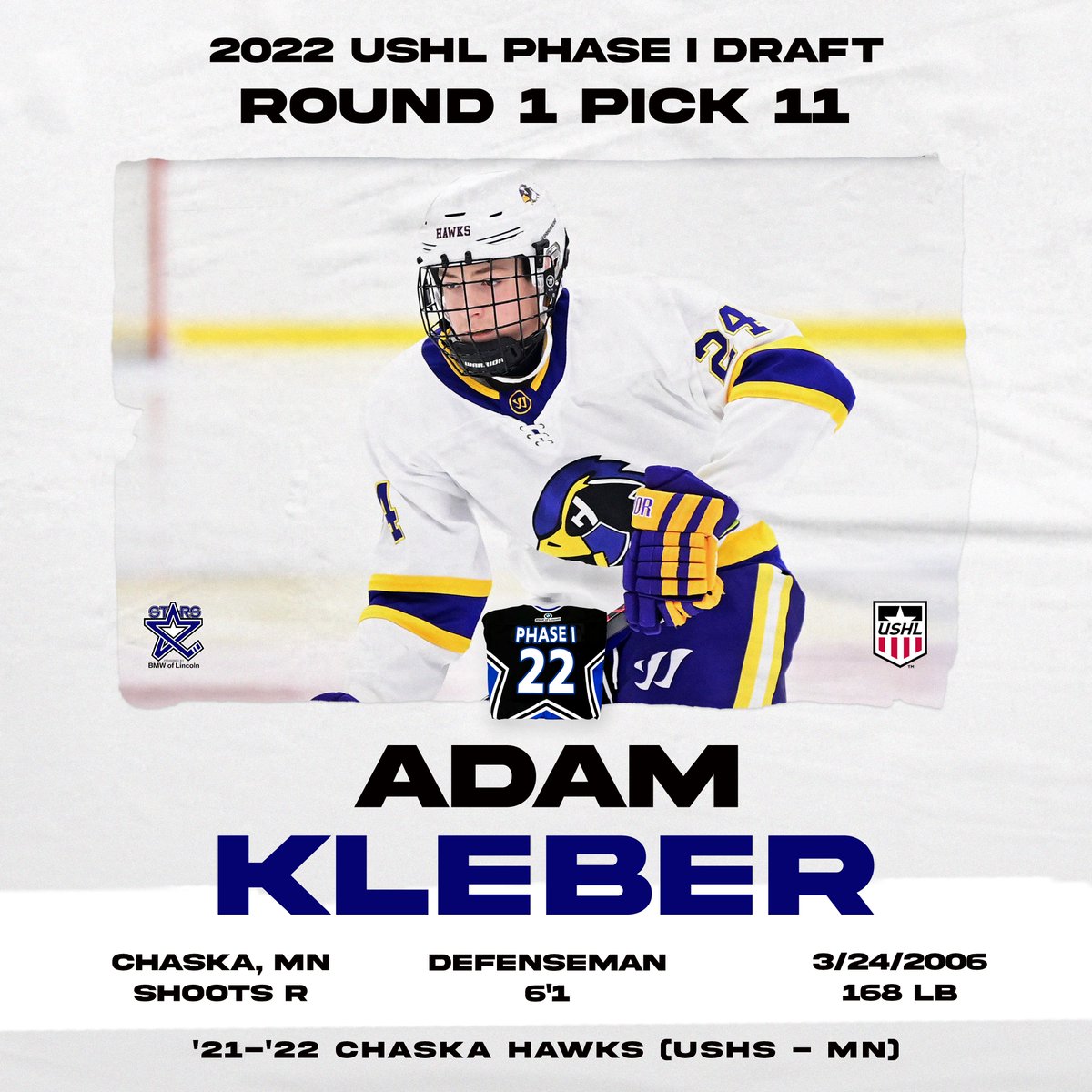 LincolnStars's tweet photo. With the 11th overall pick in the 2022 USHL Phase I Draft, we’re proud to select Adam Kleber!

Welcome, Adam! #AllAboard🚂 https://t.co/lVnYIN9jNI