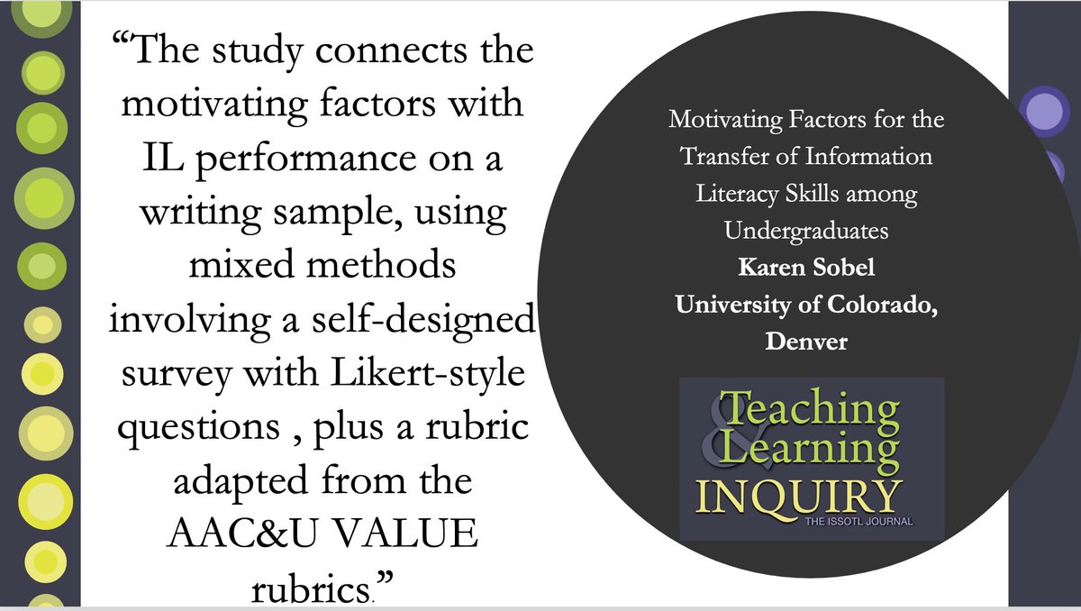Latest article from @kslovesbooks looks at students' inconsistent use of Information Literacy (IL) skills and studies the motivating factors that allow students to effectively use these skills as well as transfer them from one context to another. 
journalhosting.ucalgary.ca/index.php/TLI/…