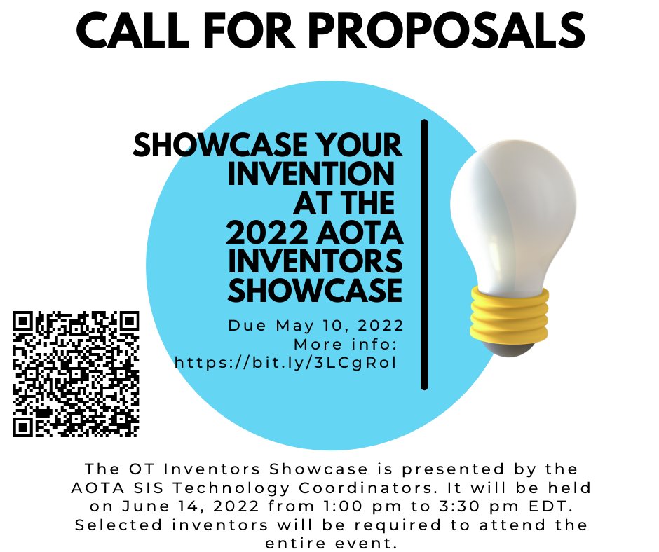 upcomingOT's tweet photo. Showcase your invention! Deadline for proposals 5/10. More info here: https://t.co/sSqD7ZgqWv #occupationaltherapy #innovation #ot #inventions #innovationinhealthcare #technology https://t.co/ivndGNKtGG