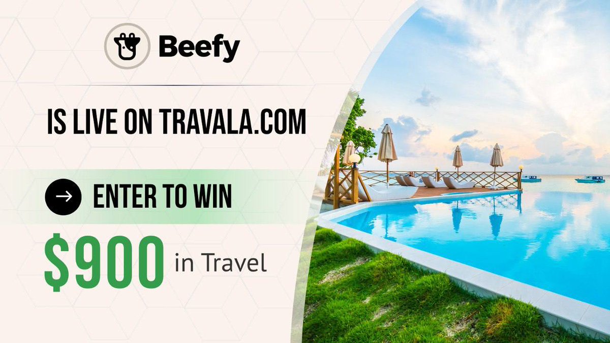 It's time to turn your travel dreams into a reality, $BIFI fans!💫

#BIFI is now LIVE on Travala.com, allowing you to book hotels, flights, &amp; activities around the🌎

To celebrate, enter to win $900!
Follow <a href="/travalacom/">Travala.com 🏨 ✈️</a> &amp; <a href="/beefyfinance/">Beefy</a>
Like &amp; RT
Tag your travel buddy