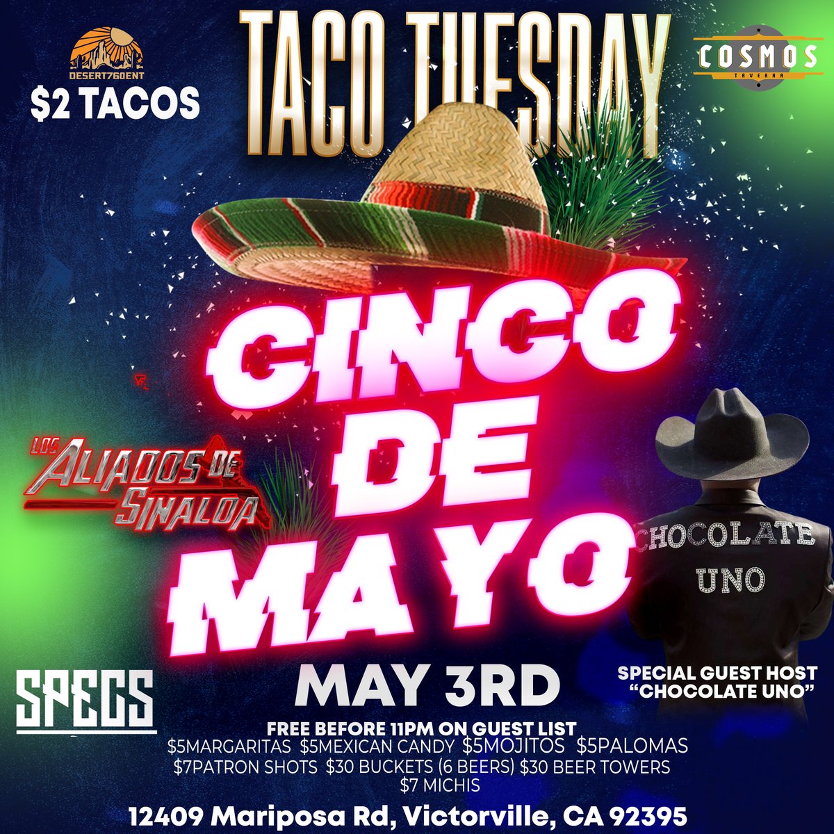 CosmosTaverna's tweet photo. Tacos Tuesday will be celebrating Cinco de Mayo on Tuesday! Special Guest host Chocolate Uno! with DJSpecs and $2 Tacos!  Check out Cosmos Taverna with drink specials all night!!!!  https://t.co/xoV9ol1scB https://t.co/aU7GV28Usc