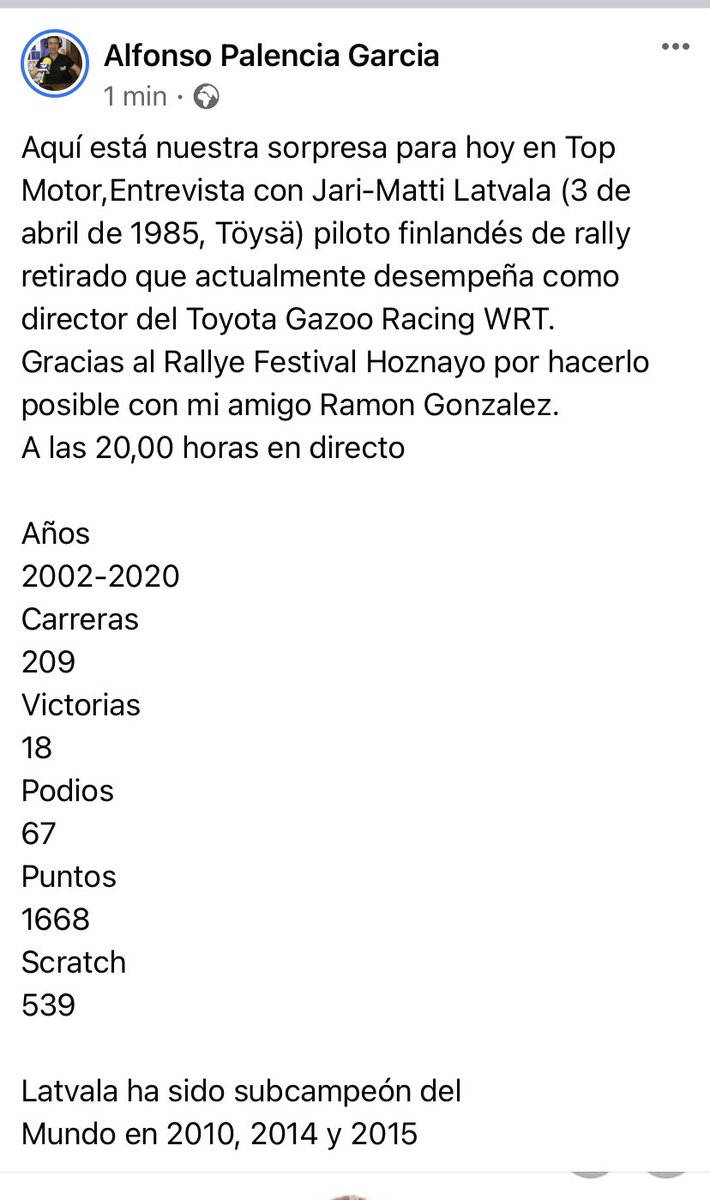 Hoy a ls 20,00h entrevista con el gran Jari-Matti Latvala en Top Motor 📻🎤