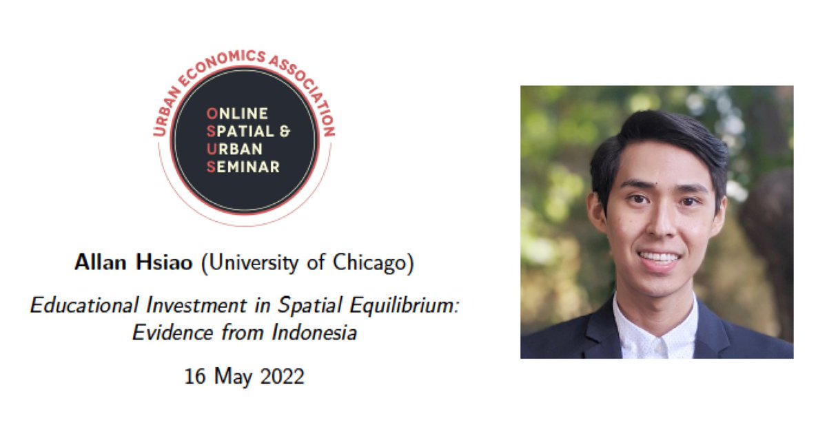 osus_info's tweet photo. 📢 Join us next Monday at 11:30 ET for @osus_info seminar!

Allan Hsiao (UChicago) will present “Educational Investment in Spatial Equilibrium: Evidence from Indonesia” (https://t.co/6HNK1irsHa)

Joan Monras &amp; Margaux Luflade will be our panelists! 

Hosted by @UrbanEconomics https://t.co/MxsIJZt3El