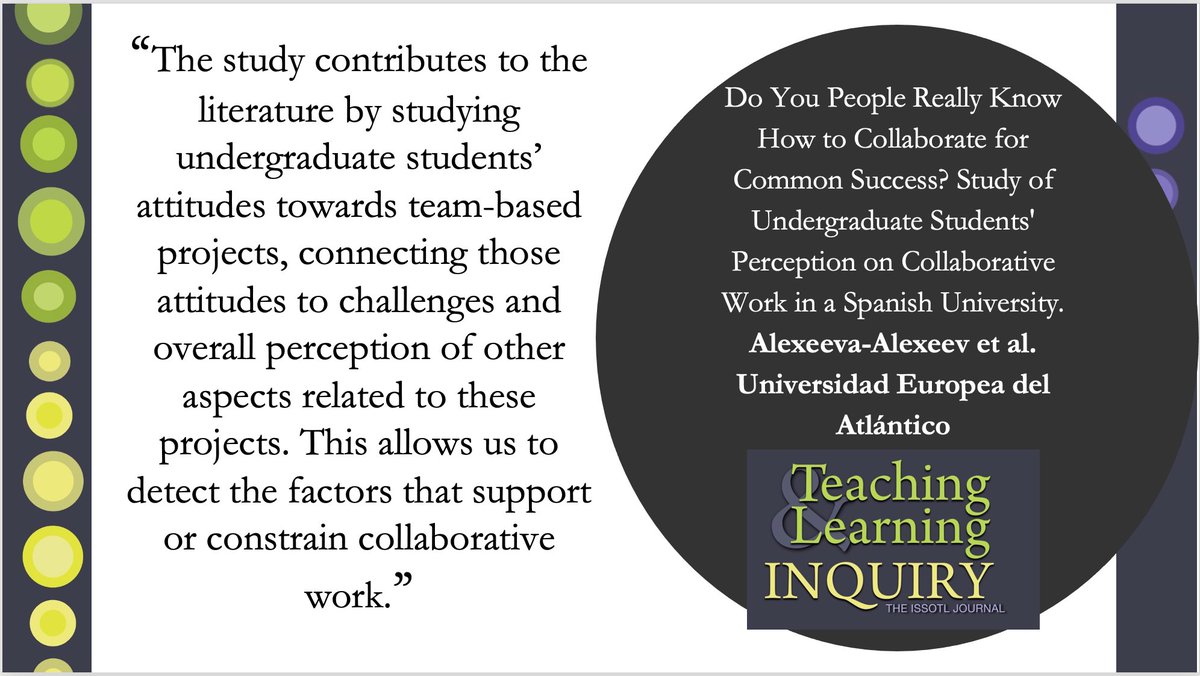 If you are curious about undergraduate students' attitudes towards team-based projects, check out this recent study by Alexeeva-Alexeev, Vidal-Mazon, Brito-Ballester, Ruiz-Salces, Gracia-Villar, Mazas-Pérez-Oleaga. 

journalhosting.ucalgary.ca/index.php/TLI/…
#ISSoTL
