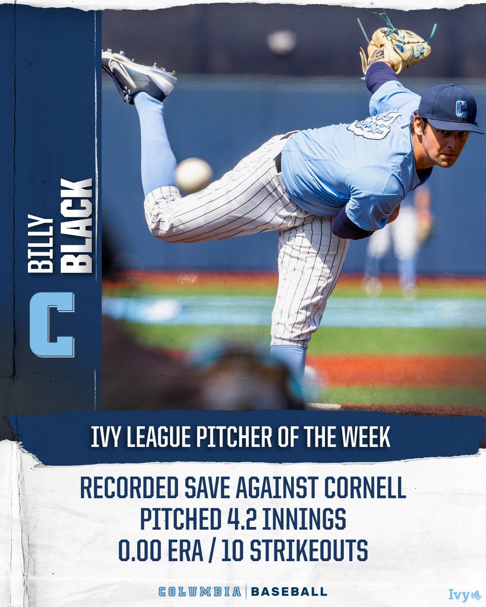 CULionsBaseball's tweet photo. Billy Black earns @IvyLeague Pitcher of the Week honors!! 👏👏

👉 Earned save against Cornell
👉 Struck out 🔟 in two appearances

📰 https://t.co/ed2Eu0narx

#RoarLionRoar https://t.co/ARAIm8j2dt