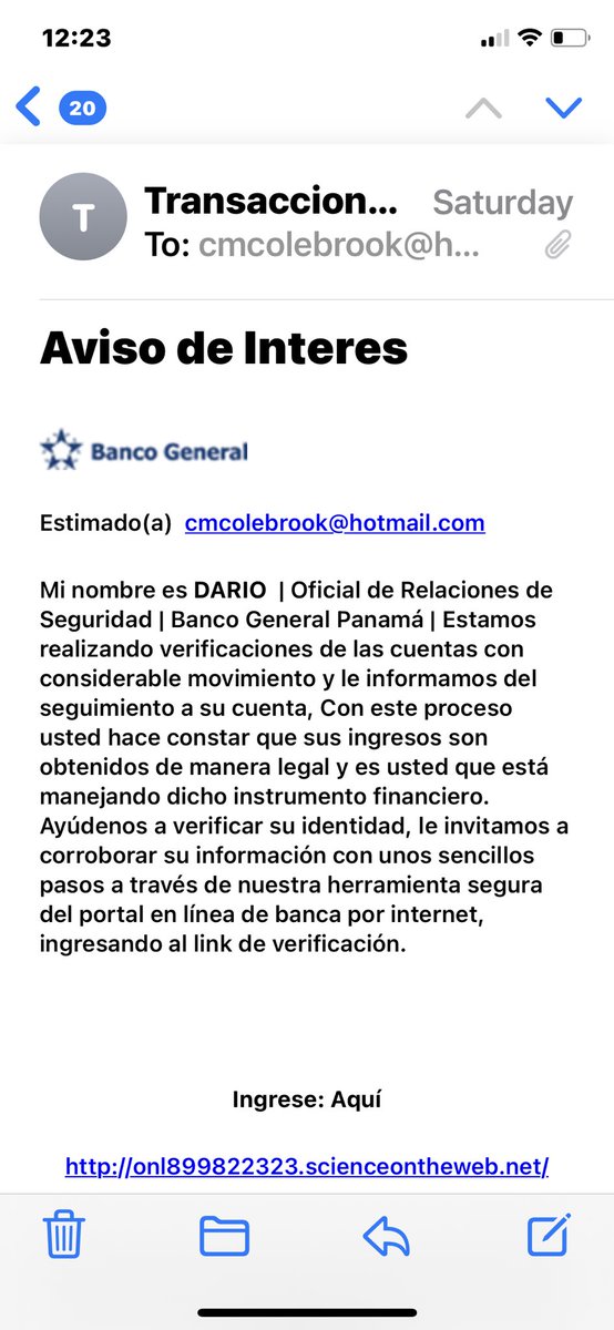 Irapty's tweet photo. Comparto este correo, ya que quienes mandan los mensajes fraudulentos están más creativos creando cuentas a nombre de bgneral. Tengan cuidado. @bancogeneral https://t.co/Ap5R732CVA