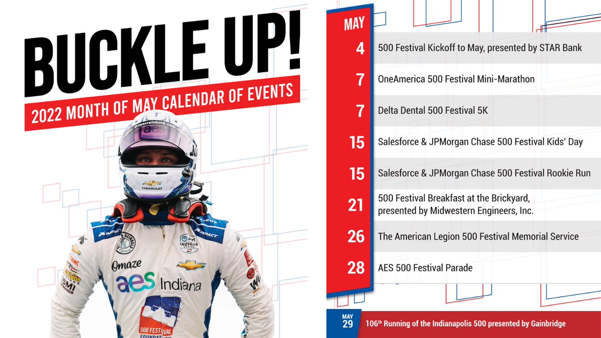 500Festival's tweet photo. Welcome to the greatest month in Indiana! Join us all month long as we kick off the Month of May celebrations and gear up for the 106th #Indy500! #ThisIsMay #MayKickoff #IndyMini #aes500parade
View the Month of May Guide at https://t.co/VAfzrOx9Rp 🏁 https://t.co/9ZmI0ZBQK7