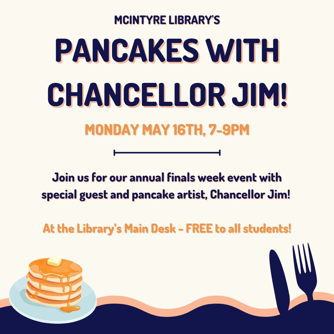 uwec_library's tweet image. 🥞 We think our students are flippin&apos; fantastic

Join us for our annual finals week event with special guest and pancake artist, Chancellor Jim! The event is FREE for all UWEC students.

Event info: fb.me/e/1X0DkIxzE

#UWEC #FinalsWeek