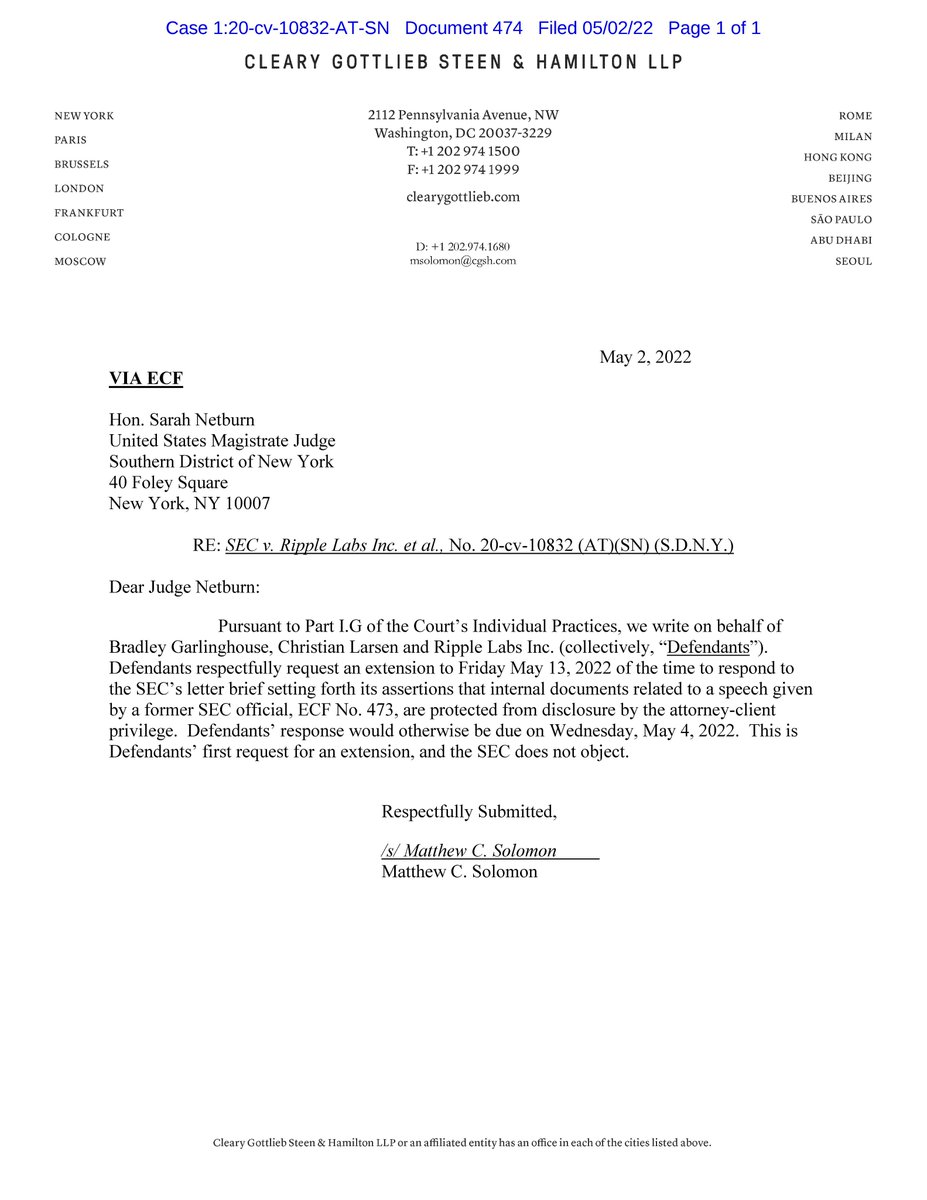 FilanLaw's tweet photo. #XRPCommunity #SECGov v. #Ripple #XRP Ripple Defendants request an extension of time until Friday May 13, 2022 to respond to the SEC’s letter brief setting forth its assertions that the Hinman documents are protected from disclosure by the attorney-client privilege. https://t.co/dMiX7Xjy1O