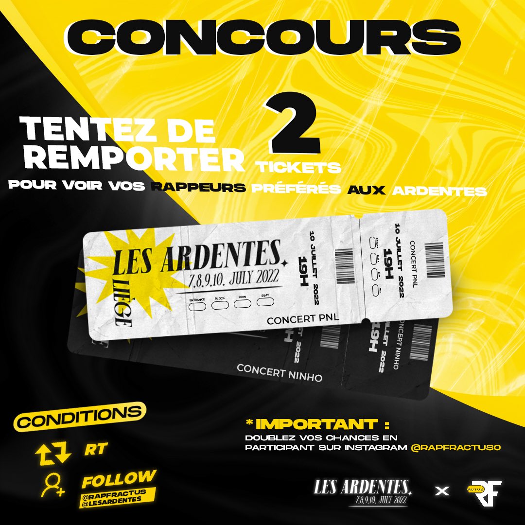 RapFrActus 🟡 (@rapfractus) on Twitter photo 🚨 CONCOURS
Gagne 2 PASS 4 jours + Camping pour le festival Les Ardentes !
Les artistes :
Damso
SCH
PNL
PLK
Ninho
Stromae
Freeze Corleone
Sexion D’assaut
Orelsan
PLK
Et pleins d’autres encore..
Pour gagner :
- RT CE TWEET + FOLLOW @Rapfractus & <a href="/LESARDENTES/">LES ARDENTES</a>
T.A.S 15 Mai 🚨 CONCOURS
Gagne 2 PASS 4 jours + Camping pour le festival Les Ardentes !
Les artistes :
Damso
SCH
PNL
PLK
Ninho
Stromae
Freeze Corleone
Sexion D’assaut
Orelsan
PLK
Et pleins d’autres encore..
Pour gagner :
- RT CE TWEET + FOLLOW @Rapfractus & <a href="/LESARDENTES/">LES ARDENTES</a>
T.A.S 15 Mai