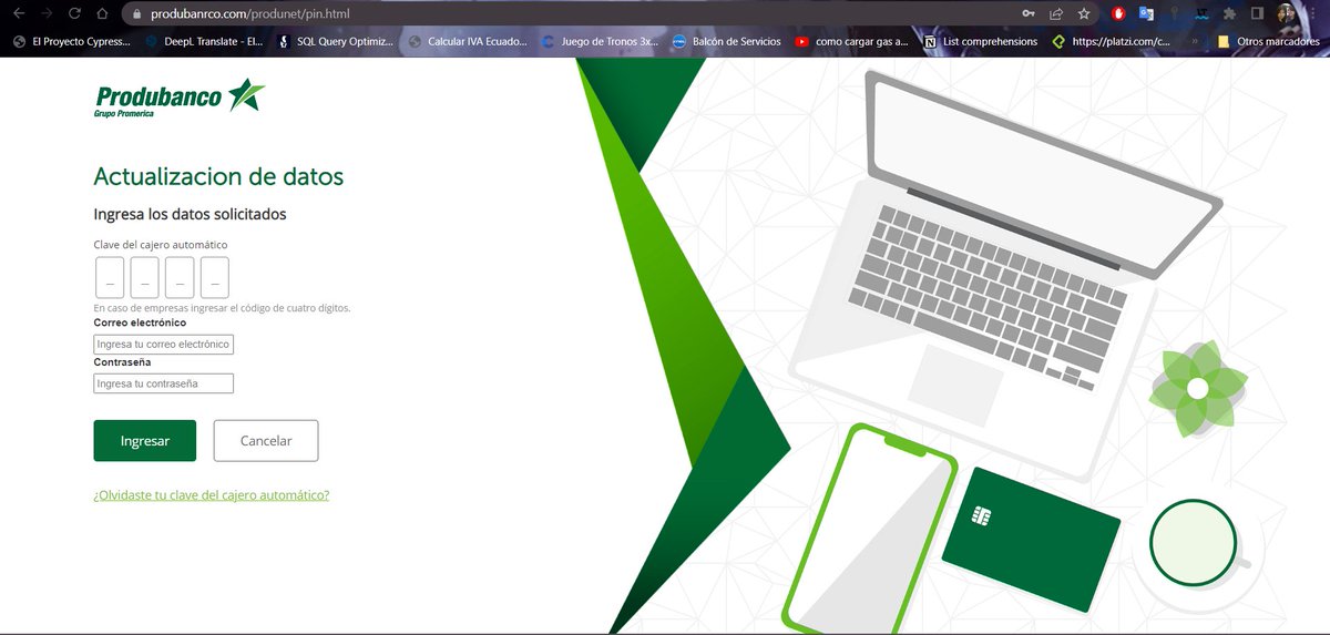 Jenette_isabell's tweet photo. Buen día @produbancoec quisiera reportar esta página que me apareció, tiene la misma presentación que su página web, con una mínima de diferencia en la URL y después de ingresar los datos piden actualización de datos donde piden ingresar los datos de la tarjeta de débito. https://t.co/e7DaUNfBCT