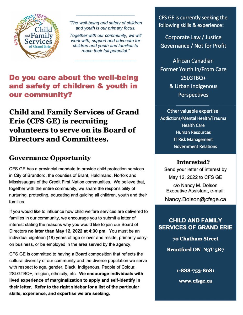 Do you value the well-being and safety of children &amp; youth in our community? We are currently seeking to fill positions on our Board of Directors and Committees, and we would love to hear from you. Please see below! #BrantCounty #HaldimandNorfolk
