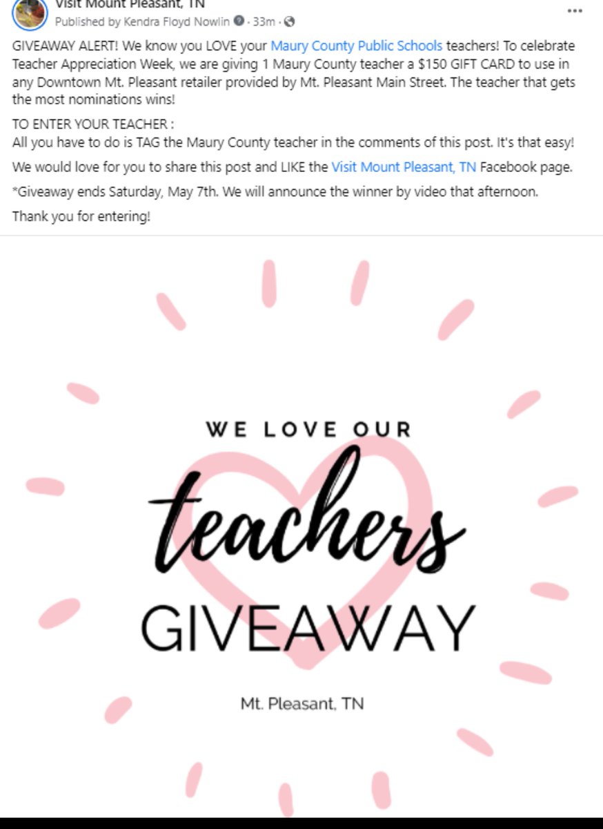 VisitTn's tweet image. Please head over to our Facebook page to nominate a @maury_county_public_schools teacher for $150 prize #teacherappreciationweek #themount #visitmountpleasanttennessee