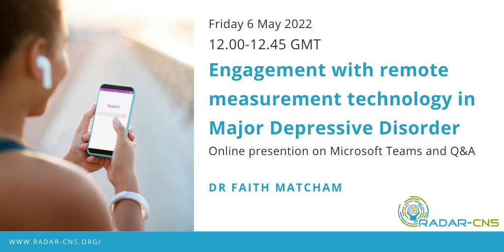 RADAR-CNS (@radarcns) on Twitter photo This Friday we will be hearing from <a href="/faith_matcham/">Dr Faith Matcham</a> about how those with depression engage with wearables and smartphones as potential tools to monitor symptoms.
Read more about the research radar-cns.org/newsroom/data-…
And register for the event here eventbrite.co.uk/e/engagement-w… This Friday we will be hearing from <a href="/faith_matcham/">Dr Faith Matcham</a> about how those with depression engage with wearables and smartphones as potential tools to monitor symptoms.
Read more about the research radar-cns.org/newsroom/data-…
And register for the event here eventbrite.co.uk/e/engagement-w…