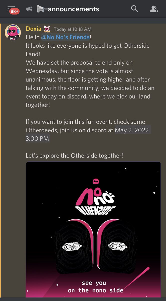 scrilla401's tweet photo. Less than 4 hours away 👀 

Join us on @NoNos_NFT discord!! 

@DoxiaStudio will be choosing @Meta1Otherside land, we need everyone's help 🚀💕

#nononation #nonoraid #nonocrew https://t.co/u8N2iowqbh