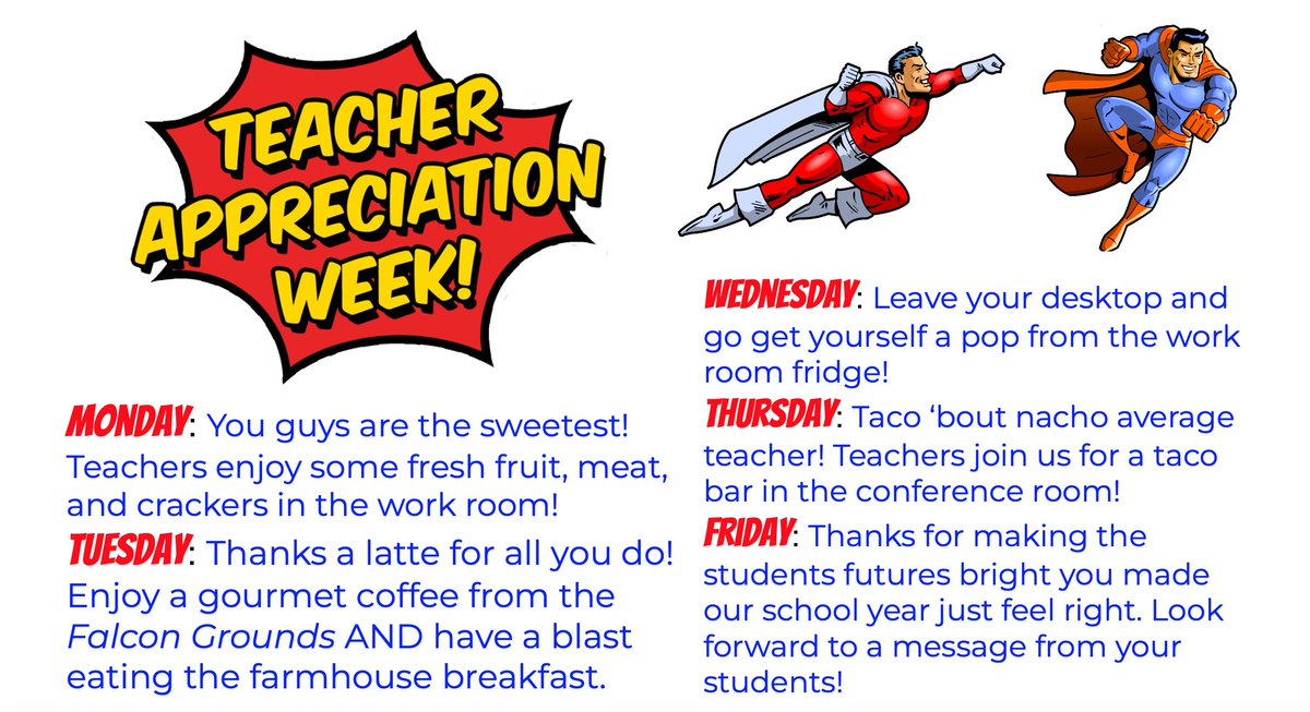 We love seeing our student body come together!

Many of our students/organizations planned a week of "surprises" for our staff during Teacher Appreciation Week. StuCo, SADD, Key Club, FFA, &amp; NHS members have been involved. A special thank you to Taryn Shepard for spearheading!