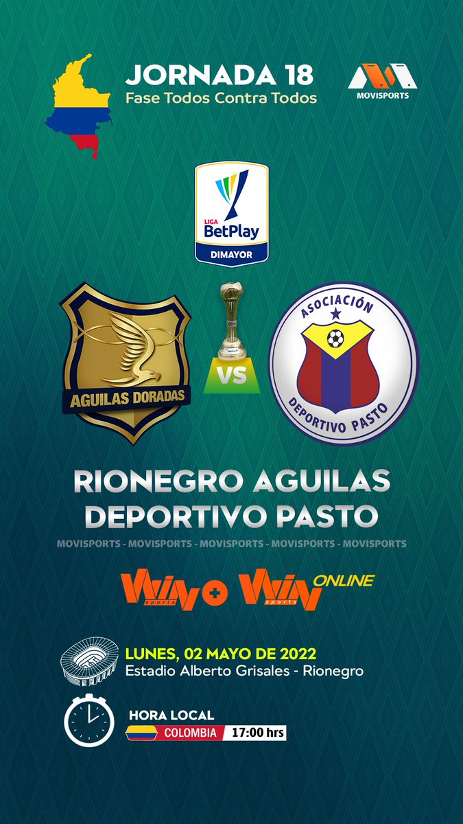 Movisports LATAM (@movisportsla) on Twitter photo HOY 📺▶#LALIGAxWIN
<a href="/AguilasDoradas/">Águilas Doradas</a> 🆚 <a href="/DeporPasto/">Asociación Deportivo Pasto</a>
Relata:🎙️ <a href="/pazosnarrador/">antonio pazos</a>
Comenta:🎙️ <a href="/guilloarango/">Guillermo Arango</a>
📺💻📱▶ <a href="/WinSportsTV/">Win Sports</a> ➕ <a href="/WinSportsOnline/">Win Sports Online</a>
#FutbolColombiano #LigaBetplayDimayor ⚽🇨🇴🏆 HOY 📺▶#LALIGAxWIN
<a href="/AguilasDoradas/">Águilas Doradas</a> 🆚 <a href="/DeporPasto/">Asociación Deportivo Pasto</a>
Relata:🎙️ <a href="/pazosnarrador/">antonio pazos</a>
Comenta:🎙️ <a href="/guilloarango/">Guillermo Arango</a>
📺💻📱▶ <a href="/WinSportsTV/">Win Sports</a> ➕ <a href="/WinSportsOnline/">Win Sports Online</a>
#FutbolColombiano #LigaBetplayDimayor ⚽🇨🇴🏆