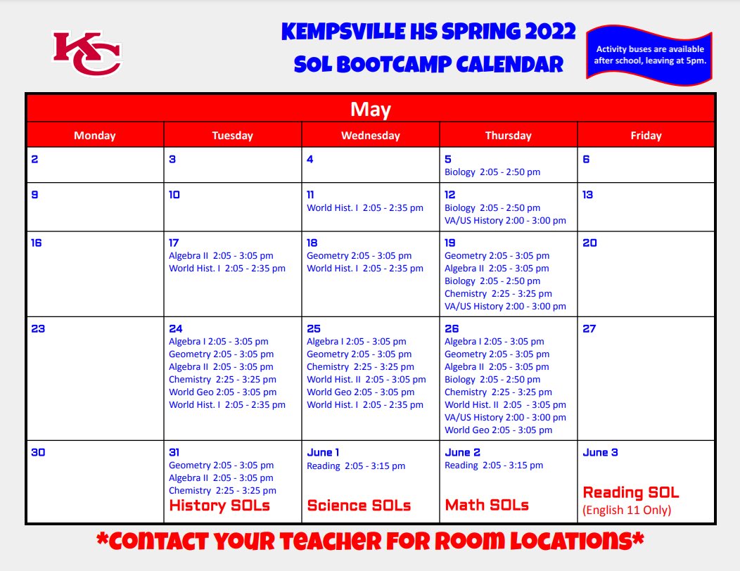 SOL tests are around the corner! We are offering content area boot camps to help students - check out the calendar below and talk with your teacher or <a href="/ChelseaKimbrou2/">Chelsea Kimbrough</a> for assistance! #chiefkhspride #ebaproud