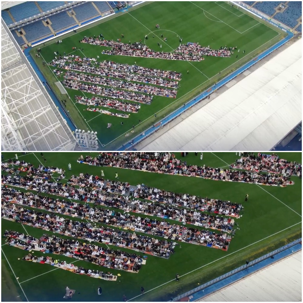 ESPNUK's tweet photo. Blackburn Rovers hosted Eid prayers on the pitch today to mark the end of Ramadan💙 https://t.co/YWbRcy1nmm