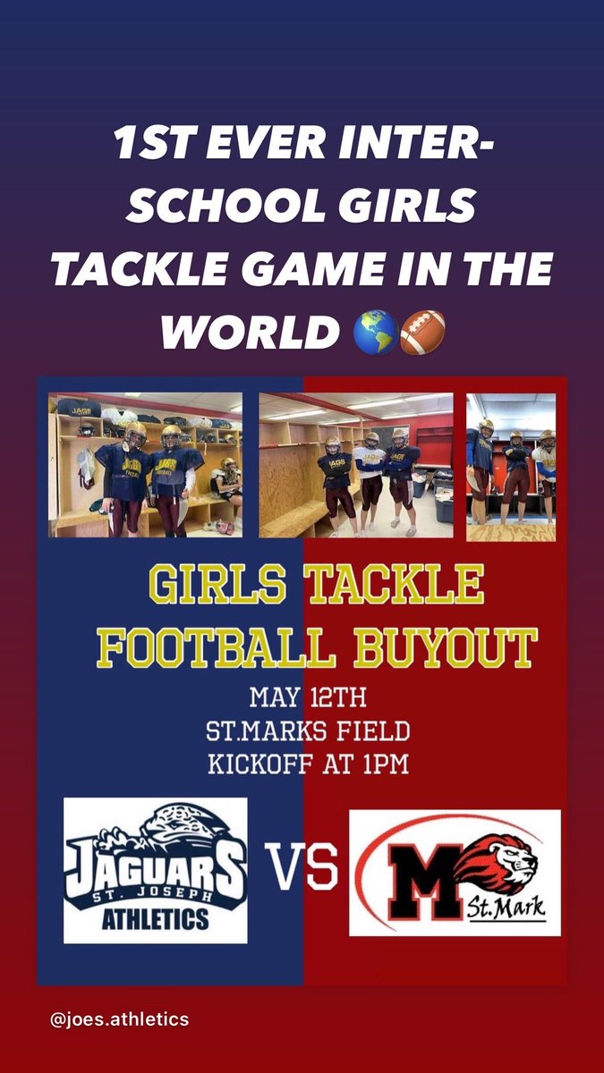 1ST EVER INTER-SCHOOL GIRLS TACKLE FOOTBALL GAME 🏈🌎
-
<a href="/StMarkFootball/">St. Mark Lions Football</a> / <a href="/StMarkOCSB/">St. Mark High School</a> 
Vs.
<a href="/footballjaguars/">St. Joseph Jaguars Football</a> / <a href="/StJosephOCSB/">St Joseph High School</a> 
-
OTTAWA #OHSF <a href="/NCSSAASports/">National Capital Athletic Association</a> IS AT THE FOREFRONT OF WOMEN’S TACKLE 
-
<a href="/owifafootball/">Ontario Women’s Intercollegiate Football Assoc.</a> <a href="/FootballOntario/">Football Ontario</a> <a href="/FootballCanada/">Football Canada</a> <a href="/FootballCapital/">CC Rider</a> <a href="/OttCatholicSB/">Ottawa Catholic School Board</a>