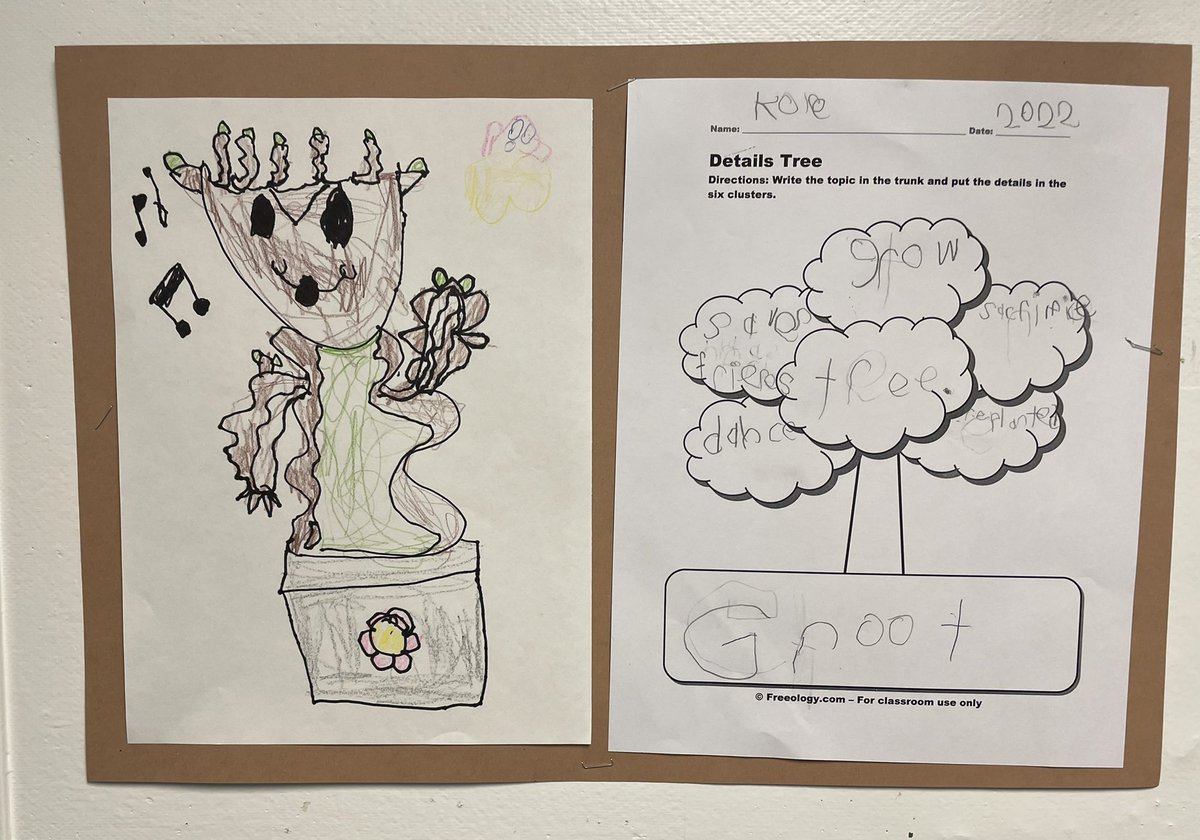 GenHarding's tweet photo. Earth Day meets Comic Book Wednesday in our classroom. Writing about Groot and learning how draw #BabyGroot @JamesGunn @SuptSylvania @SylvaniaSchools https://t.co/JaM8unZtof