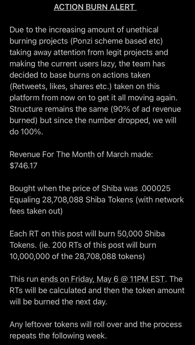 ShibaSearch's tweet photo. 🔥ACTION BURN ALERT🔥

Ad Revenue Made For March Paid Out End of April: $746.17

Total Shib Tokens Bought At .000025:
28,708,088 Tokens

ACTION: 1 RT of this post = 50K SHIB Tokens to Be Burn

RUN TIME: May 2 - 6, 2022

BURN TIME: May 7, 2022

#SHIBARMY https://t.co/ieelO7S1LR
