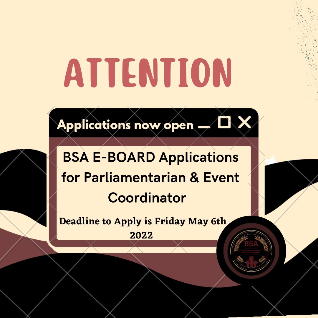 🚨ATTENTION 🚨
BSA E-Board applications are now open for Parlimentarian and Event Coordinator! The deadline to apply will be Friday May 6th 2022
The link will be down below and if you have any questions always feel free to DM us! docs.google.com/forms/d/e/1FAI…