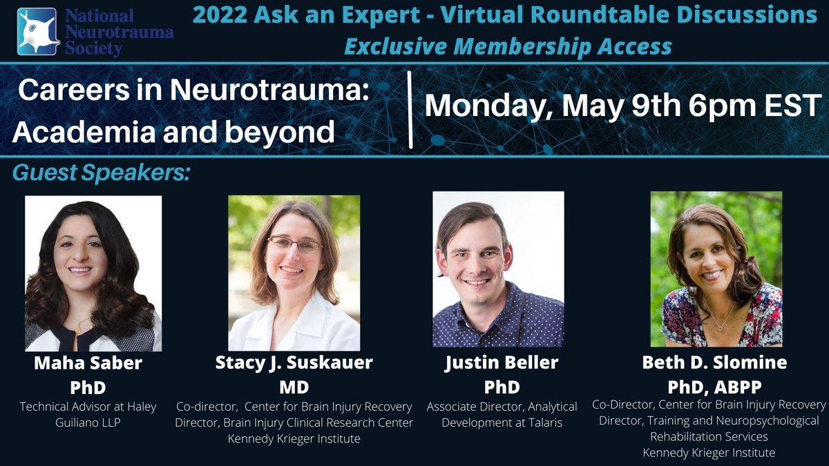 Neurotrauma's tweet photo. Join us virtually on Monday, May 9th  at 6pm EST  for the next Ask an Expert- virtual roundtable discussion targeted towards exploring the various careers in neurotrauma!  https://t.co/Tys3yjqWAy NNS membership login required. https://t.co/s5FBxL3ezO