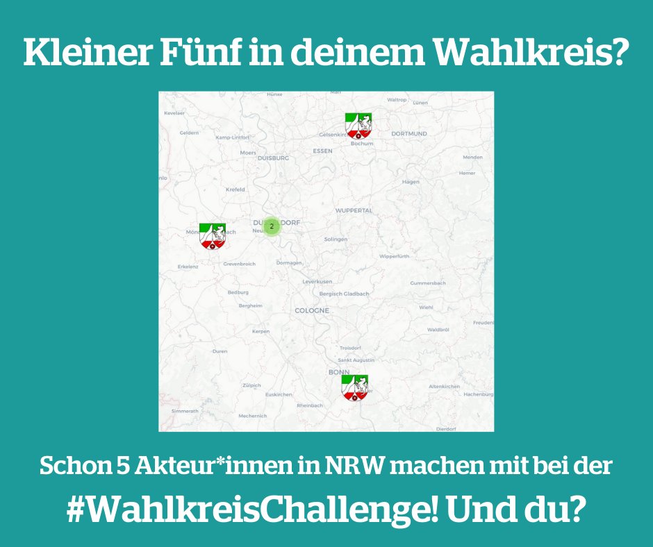 Letzte Chance #NRW: macht mit bei unserer #Wahlkreischallenge. Tragt euch in unsere Karte ein und bekommt Material für den #Landtagswahlkampf vor Ort. Für Parlamente ohne Rechtspopulismus. #kleinerfuenf kleinerfuenf.de/de/wahlkreis-c…