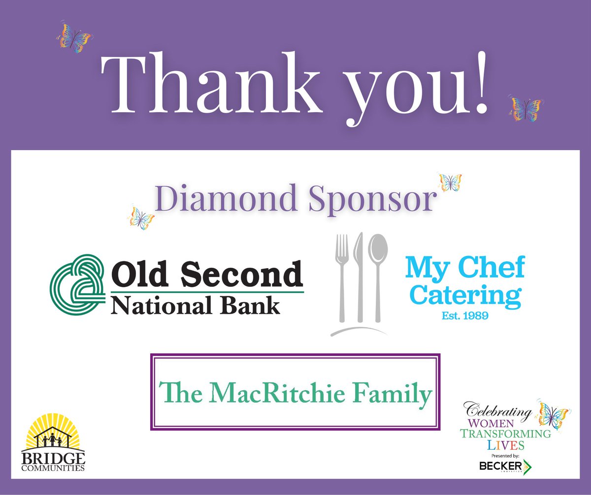 BridgeDuPage's tweet photo. Thank you to the MacRitchie Family, @MyChefCatering1, and @oldsecondbank for your support as our Diamond Sponsor at the Celebrating Women, Transforming Lives luncheon! 🦋 ✨

#BridgeCommunities #DuPageGiving #Giving #CelebratingWomenTransformingLives #CWTL2022 https://t.co/hzU3y2cmXU