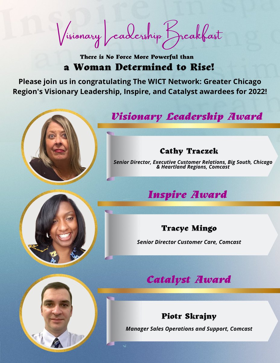 wictchicago's tweet photo. Congratulations to our 2022 Visionary Leadership Honorees!

Cathy Traczek - Visionary Leader Award
Trayce Mingo - Inspire Award
Piotr Skrajny - Catalyst Award

The submission of all 3 honorees were amazing and truly inspiring
#thewictnetwork #thewictnetworkgreaterchicago #vlb2022 https://t.co/EJeV8jYAIH
