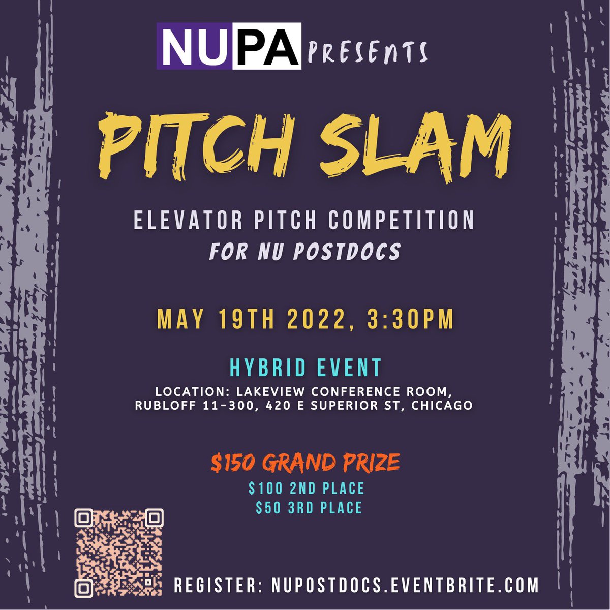 🚨Calling all Northwestern Postdocs🚨

The average elevator ride is 118 seconds long. Do you have what it takes to sell your research in that time? Practice presenting your research in two minutes or less in NUPA’s annual Pitch Slam competition on Thurs, May 19 from 3:30 PM CDT!