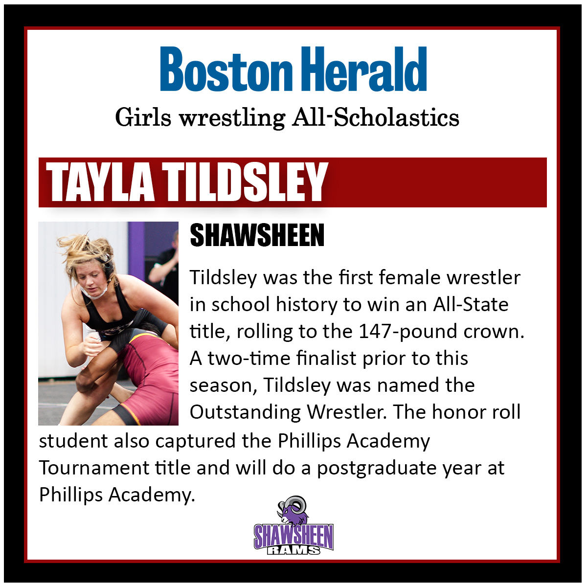 Shawsheen Athletics (@shawtech_sports) on Twitter photo Congratulations to Tayla Tildsley '22 for being named an all-scholastic wrestler by the Boston Herald! The Herald's All-Scholastic selections are amongst the most prestigious honors a high school athlete can obtain. Congrats Tay! <a href="/BostonHeraldHS/">Danny Ventura</a> <a href="/WrestleShawTech/">Shawsheen Wrestling</a> Congratulations to Tayla Tildsley '22 for being named an all-scholastic wrestler by the Boston Herald! The Herald's All-Scholastic selections are amongst the most prestigious honors a high school athlete can obtain. Congrats Tay! <a href="/BostonHeraldHS/">Danny Ventura</a> <a href="/WrestleShawTech/">Shawsheen Wrestling</a>