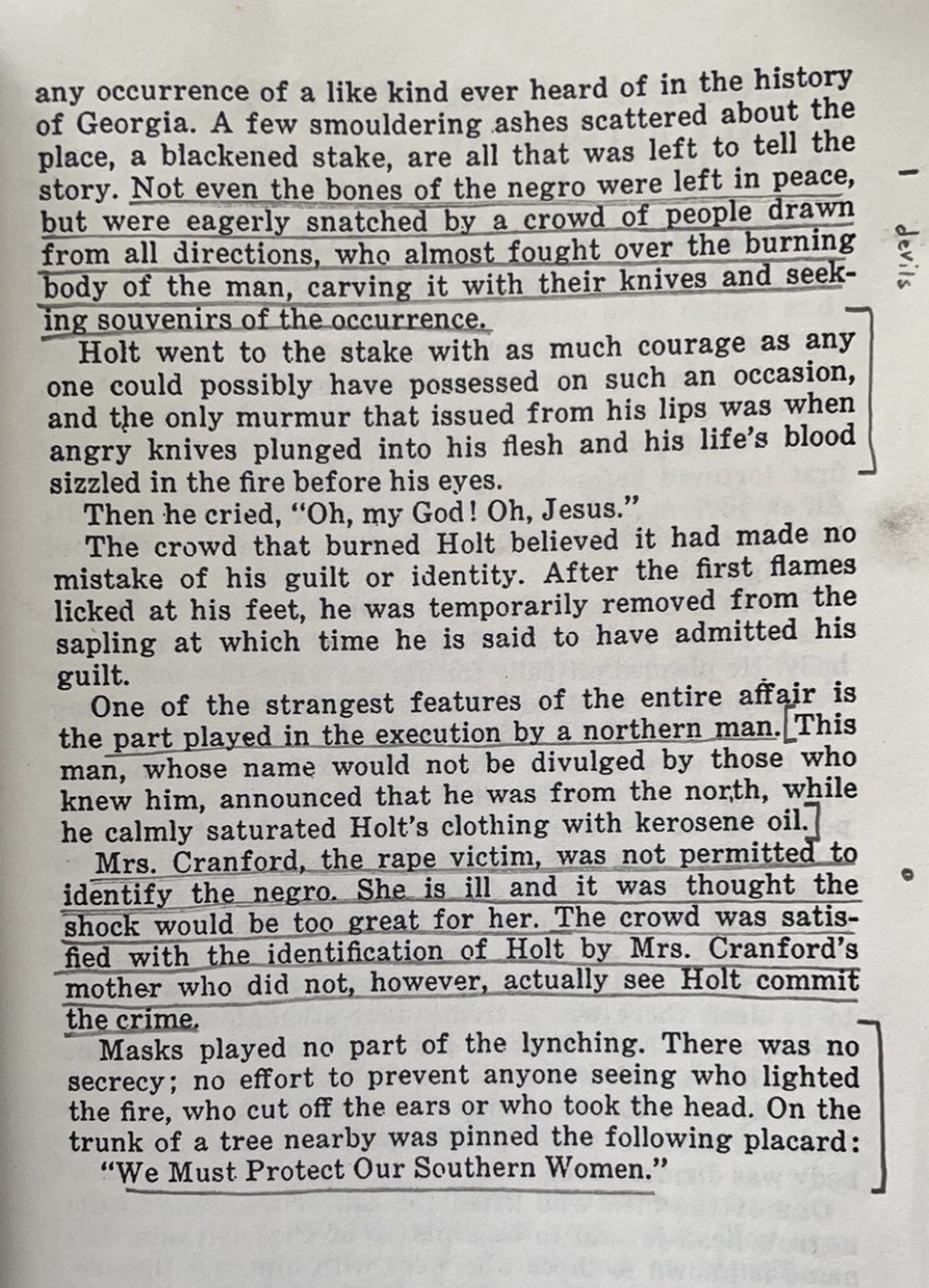 In 1899, 2,000 GA whites burned a Black man named Sam Holt after accusing him of raping a white woman.
“Not even the bones of the negro were left in peace…eagerly snatched by a crowd…who almost fought over the burning body…carving it with their knives &amp; seeking souvenirs…”