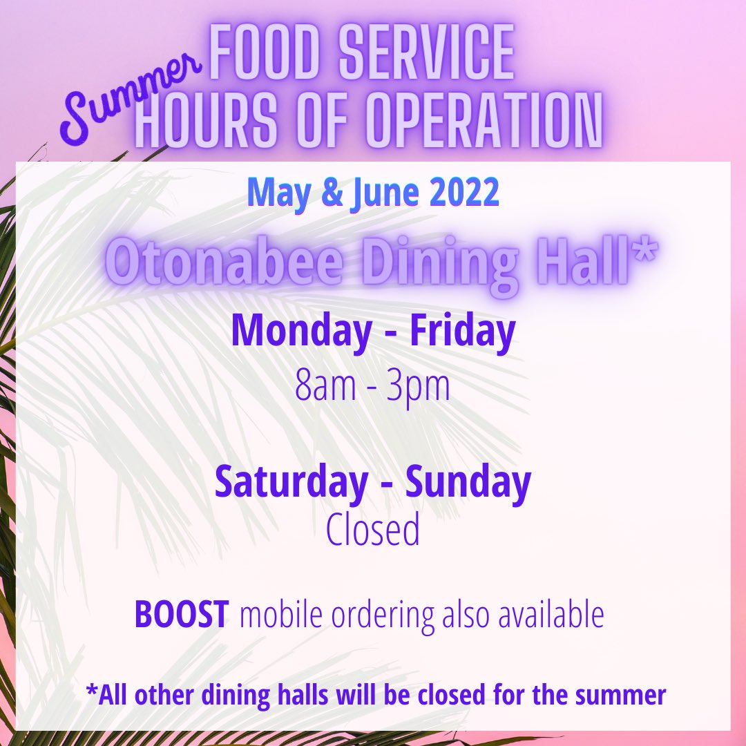 Otonabee Dining Hall will be open Monday-Friday 8am-3pm throughout May &amp; June. Stop by and say hello👋