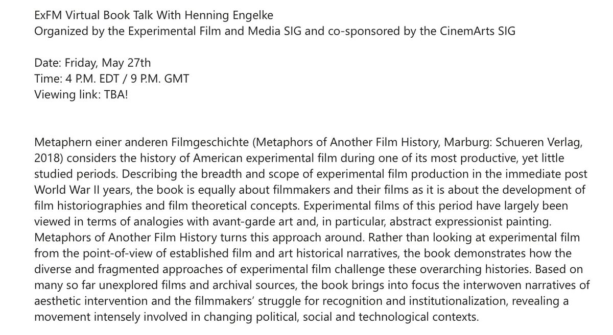 SCMS_ExFM's tweet photo. Mark your calendars: ExFM's Virtual Book Talk series returns on Friday, May 27th, featuring SIG member Henning Engelke in conversation with Jan-Christopher Horak! (co-sponsored by @ArtsScms) https://t.co/SyFs8pbfFb