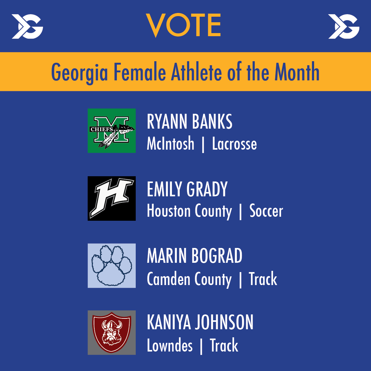 <a href="/_garrettlambert/">garrett lambert</a> <a href="/RankinRiyon/">Riyon Rankin</a> <a href="/AKorytoskigolf/">Andrew Korytoski</a> <a href="/ryannba63129060/">ryann banks</a> <a href="/NiyaKJ45/">Kaniya Johnson</a> <a href="/PHS_Panthers/">Parkview High School</a> <a href="/ParkviewAD/">Parkview Athletics</a> @CamdenCoSports <a href="/LowndesVikings/">LowndesVikings</a> <a href="/BHSPirates1967/">Brunswick HighSchool</a> @hoyaprincipal <a href="/HHSHoyaSports/">Harrison Hoyas Athletics</a> 
Click the link to vote ! voting ends 5/9/22 itgnext.com/georgia/