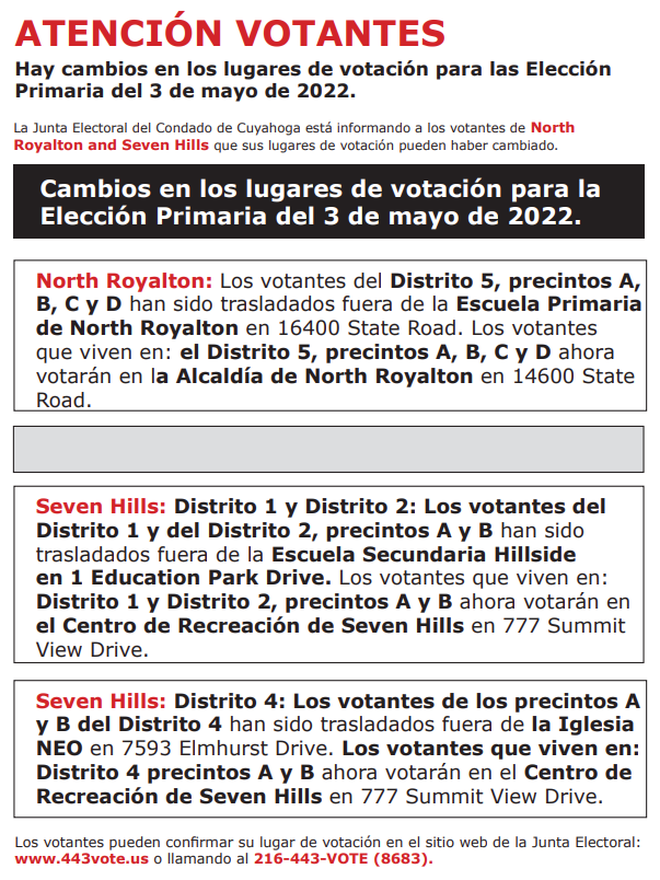 ⚠️⚠️REMINDER⚠️⚠️
The voting location for Seven Hills Wards 1 and 3, Precincts A &amp; B, and 4 Precincts A &amp; B will now be the Seven Hills Recreation Center at 7777 Summitview Drive, Seven Hills, OH 44131.
For more information please visit boe.cuyahogacounty.gov