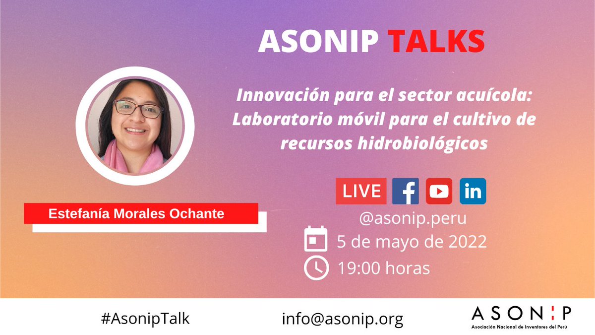 Asonip_Peru's tweet photo. #AsonipTalk: "Innovación para el sector acuícola: Laboratorio móvil para el cultivo de recursos hidrobiológicos" #innovación #inventores

📢🇵🇪 Estefania Morales

🗓 Jueves 5 de mayo de 2022
🕕 7:00 p.m. (Perú)
🔴 Facebook Live, Youtube Live y Linkedin Live https://t.co/6M8ePyLuOm