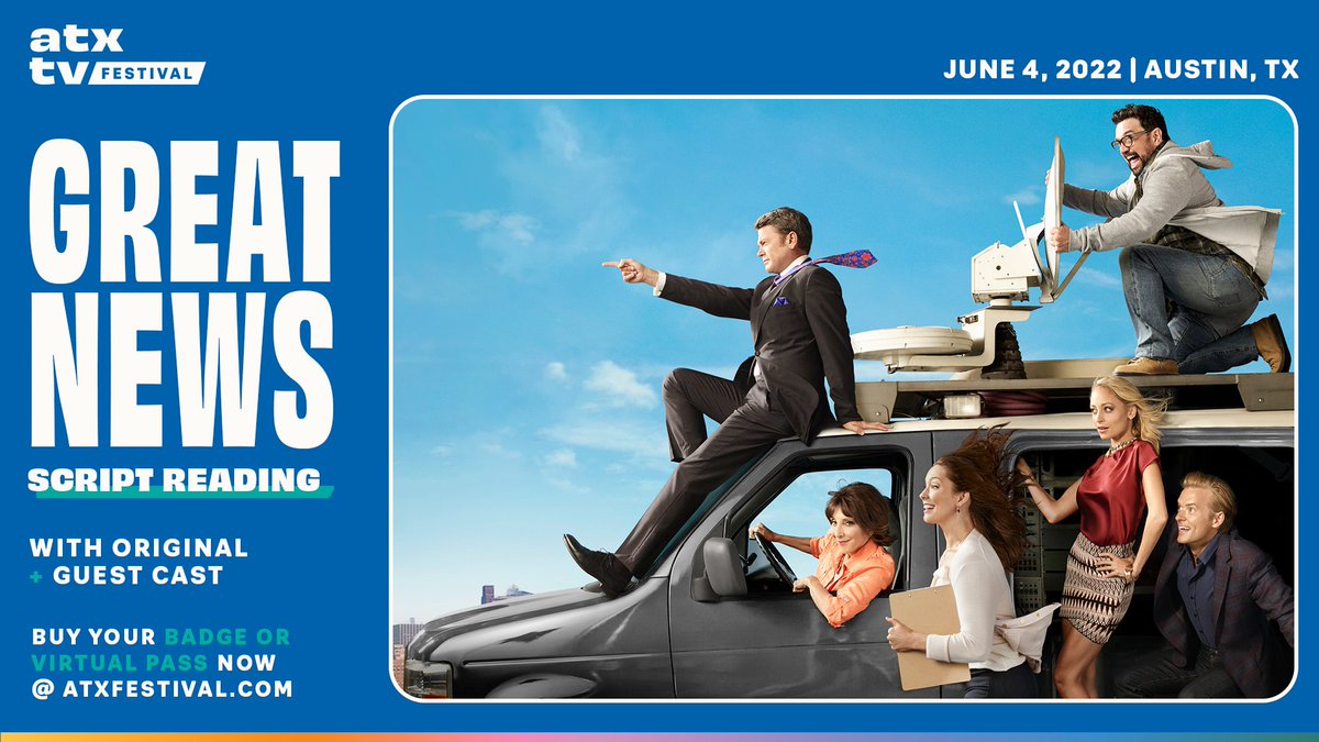 At #ATXTVs11 --- join us for a special live script reading of the <a href="/nbc/">NBC Entertainment</a> canceled-too-soon favorite #GreatNews with creator <a href="/TraceyWigfield/">Tracey Wigfield</a>, original cast #BrigaHeelan &amp; <a href="/Real_JMHiggins/">John Michael Higgins</a>, guest actor #JakeLacy + more surprise cast! 

Join us in June 🎟️atxfestival.com/attend/