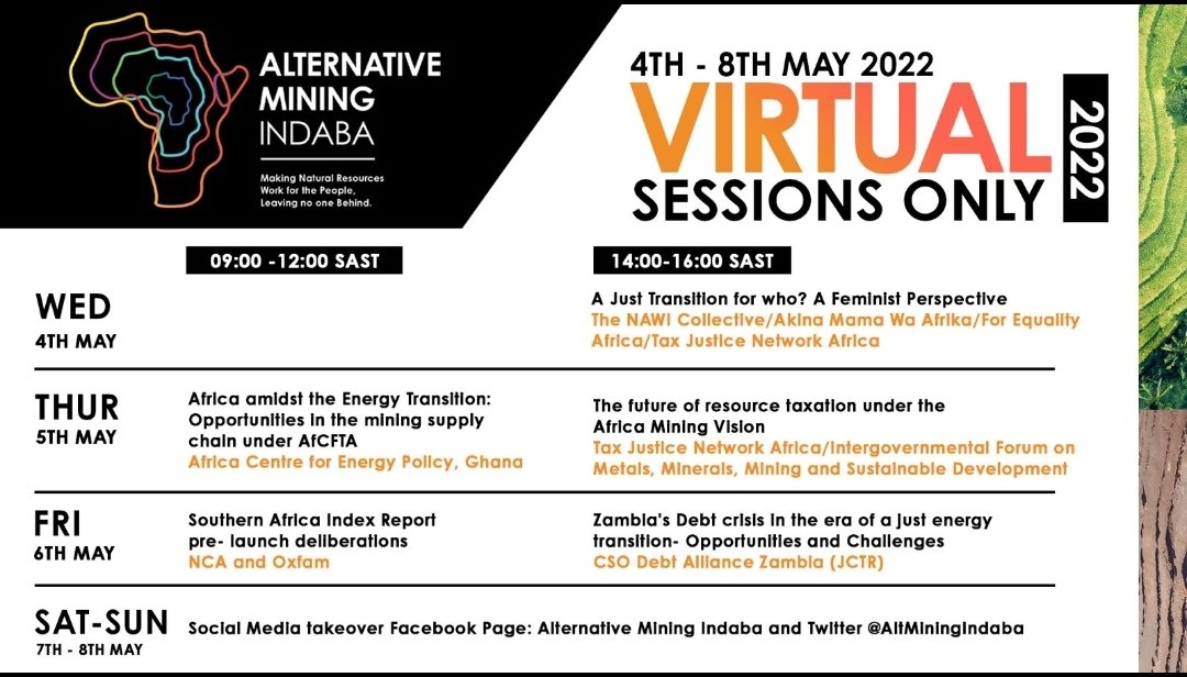 mukupa_ln's tweet photo. 📢SAVE THE DATES: The 2022 Alternative Mining Indaba Virtual Sessions are on this week❗️

These sessions are a build up to the actual hybrid event next week in Cape Town.

Registration links to be shared in coming days.

#AMI2022 #Mining4Development https://t.co/bFe9y4EpU6